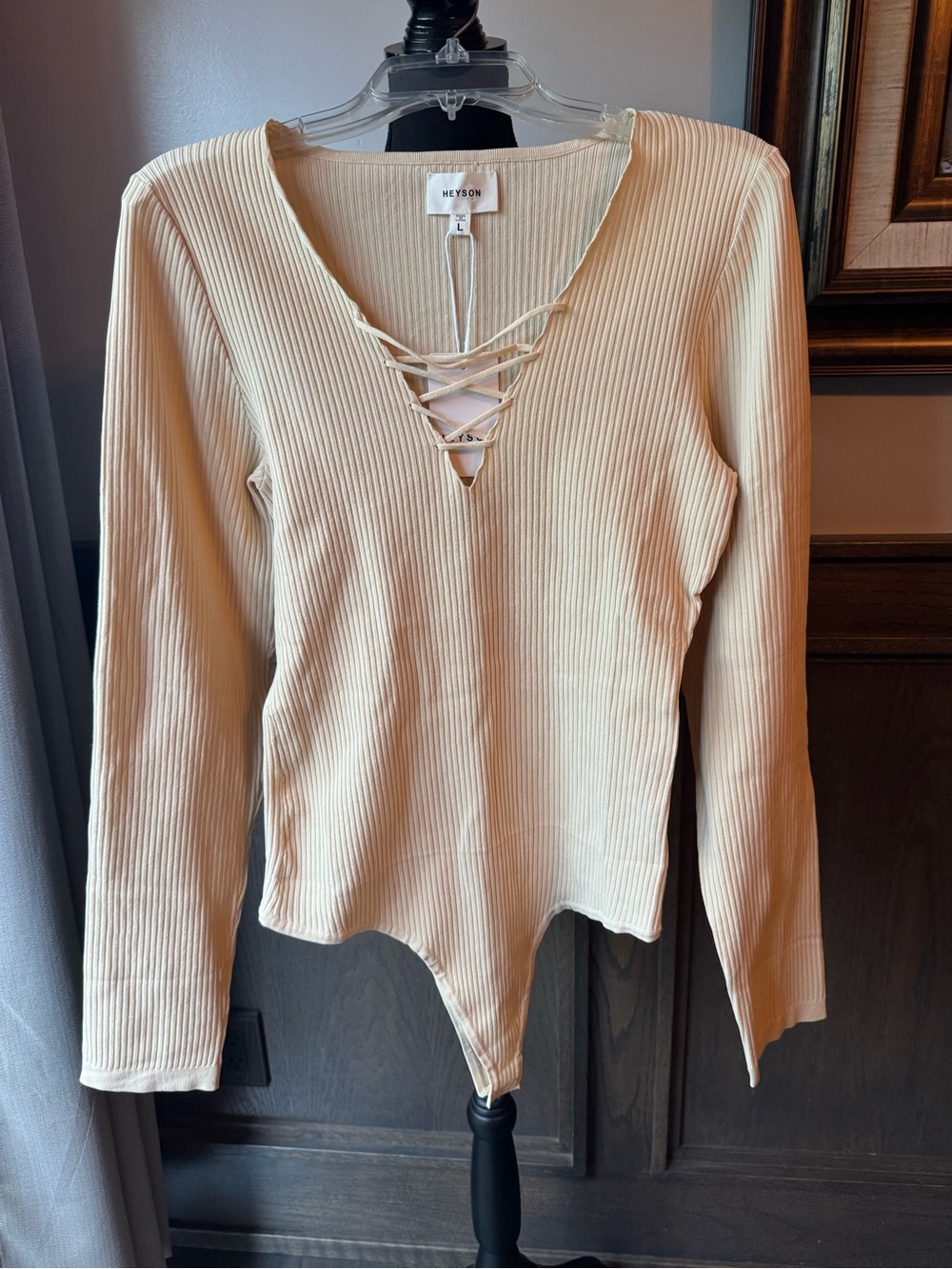 Heyson Cream Ribbed Lace-Up Long-Sleeve Bodysuit large NWT